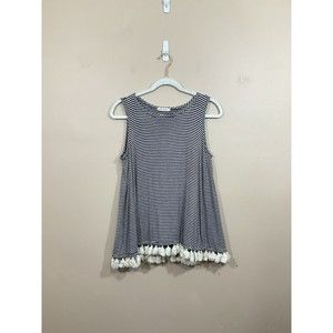 Womens Striped Tank Top Blue White Tassels Coastal Preppy Beach Nautical Small